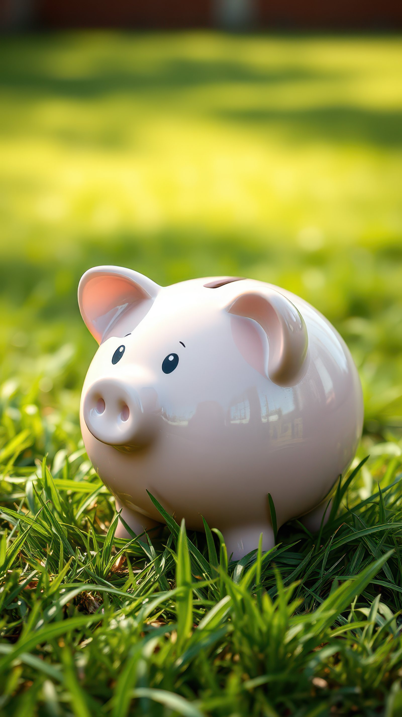 Cute piggy bank resting on fresh green grass under sunlight in a serene garden setting during a bright afternoon